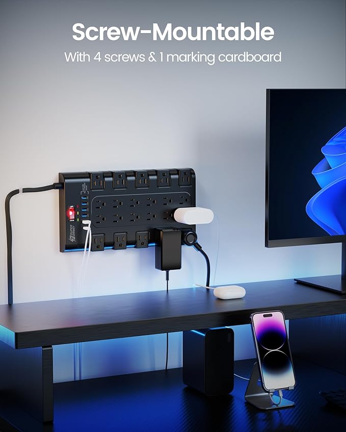 Flat Plug Power Strip 10Ft, SUPERDANNY Surge Protector with 22 AC Outlets and 6 USB Charging Ports, 1875W/15A, 2100 Joules, Heavy Duty Extension Cord 10 ft for Home, Office, Dorm, Gaming Room, Black