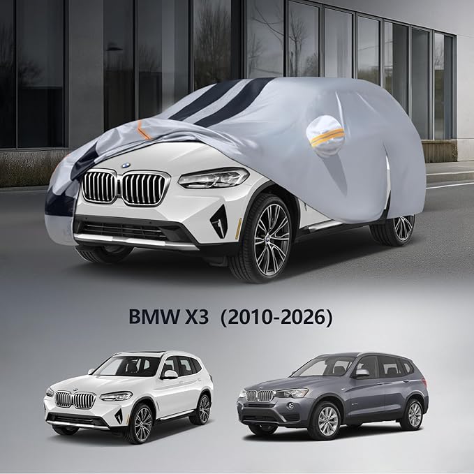 Multi-Layer Car Cover Custom Fit for BMW X3(2010-2026), 100% Waterproof All Weather for Automobiles, Gift with Towel, Heavy Duty Car Covers for Rain Sun UV Protection with Door Zipper.