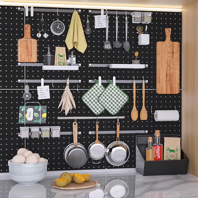 Pegboard, 4 PCS 16”×16” Large Heavy Duty Metal Pegboard Panels with Frame Black Peg Board Display Peg Boards for Walls, Display, Garage Tool Storage, Office Organization, Craft Room, Kitchen