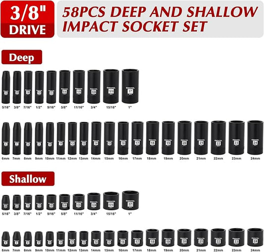 EMENTOL 109-Piece 3/8" Drive Socket Set, SAE (5/16"-15/16") & Metric (6mm-24mm), Deep & Shallow, with Ratchet Wrench, Extension Bars, Spark Plug Sockets, Universal Joint, Power Drill Adapter, Bits