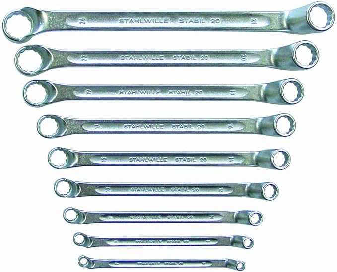 Stahlwille 96410409 Double Ended Ring Wrench with Offset Heads, Chrome Alloy Steel, Chrome Plated, Has Anti Slip Drive Profile, Set of 9