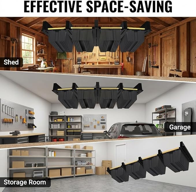 Overhead Garage Storage Rack,Garage Ceiling Storage 5 Rails Set, Overhead Storage Rack to Hold 4 Plastic Totes, Metal Ceiling Racks for Garage Storage to Free Up Floor Space, Garage Organizer System