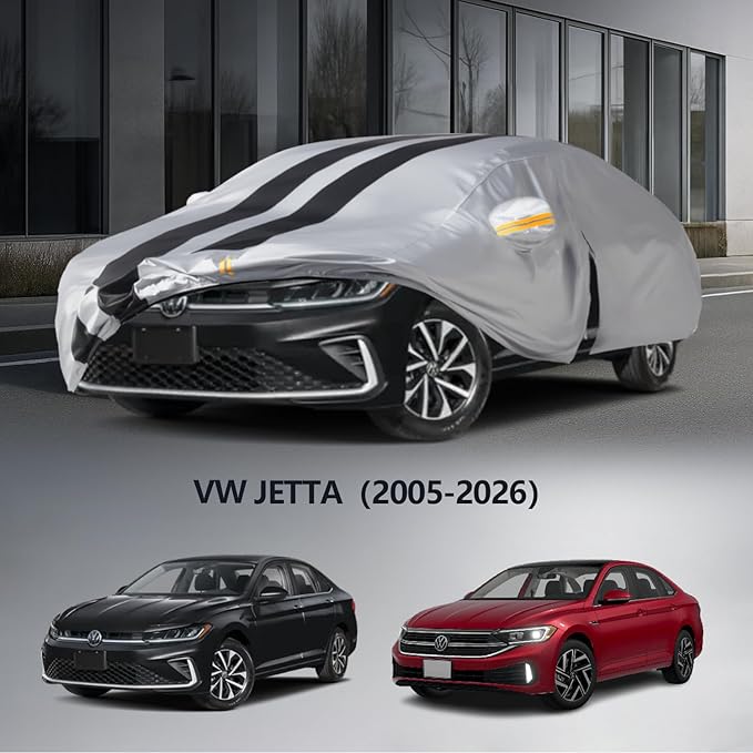Multi-Layer Car Cover Custom Fit for VW Jetta(2005-2026), 100% Waterproof All Weather for Automobiles, Gift with Towel, Heavy Duty Car Covers for Rain Sun UV Protection with Door Zipper