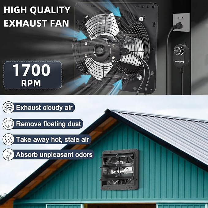 Criditpid 7 Inch Shutter Exhaust Fan with Speed Controller Switch, 576 CFM High Speed Vent Fans, 1700 RPM Wall Mounted Kitchen Exhaust Fans, Vent Fan for Attic, Gable, Shed, Garage Ventilation, Black.