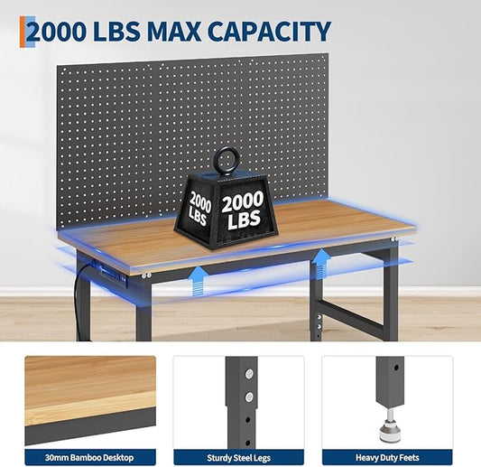 48" Heavy Duty Adjustable Workbench with Pegboard,2000 LBS Capacity, Manual Height 28-40" Garage Work Table for Workshop, Home, Office
