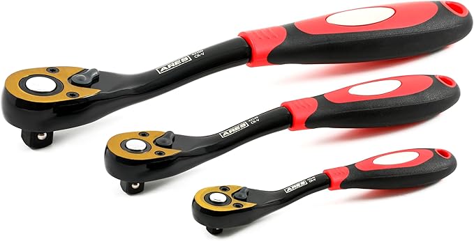 ARES 42147-3-Piece 72 Tooth Offset Ratchet Set - Chrome Vanadium Tools, Offset Handles - Quick Release for Easy Socket Change - Reversible Design - 5 Degree Swing – Automotive Ratchet Set