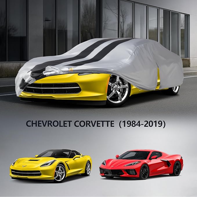 Multi-Layer Car Cover Custom Fit for Chevy Corvette C4/C5/C6/C7(1980-2026), 100% Waterproof All Weather for Automobiles, Gift with Towel, Heavy Duty Car Covers for Rain Sun UV Protection with Zipper.