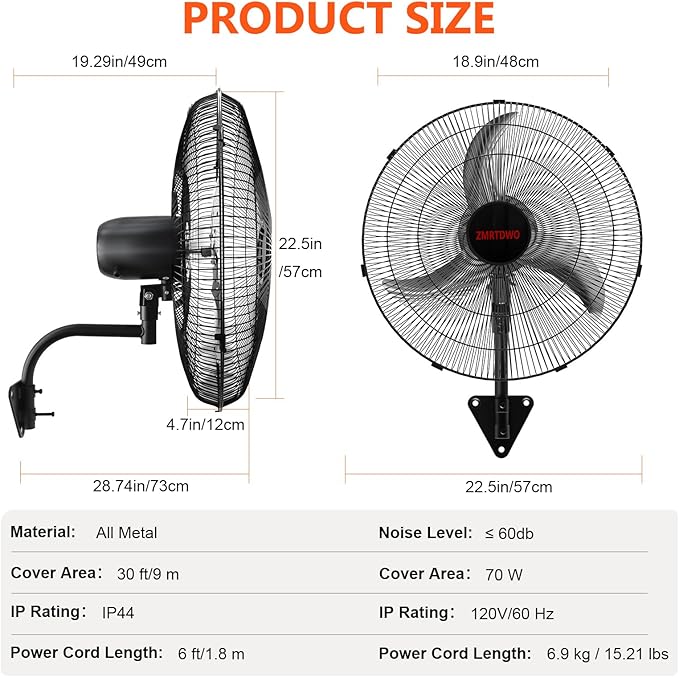 20 Inch Oscillating Wall Mount Fan, 3 Speed High Velocity Powerful, 90° Oscillation & 30° Tilt Cooling, Wall Fan for Home, Offices, Greenhouse, Workshop, Patio, Outdoor, Indoor ETL Certified