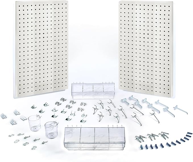 Azar Displays, 900945-WHT, 70 Piece Pegboard Organizer, Wall Mount Peg Board Combination Panel Kit for Bedroom, Craft Room, Study, Office or Garage, Assorted Accessories Hooks and Bins, 27"x22", White