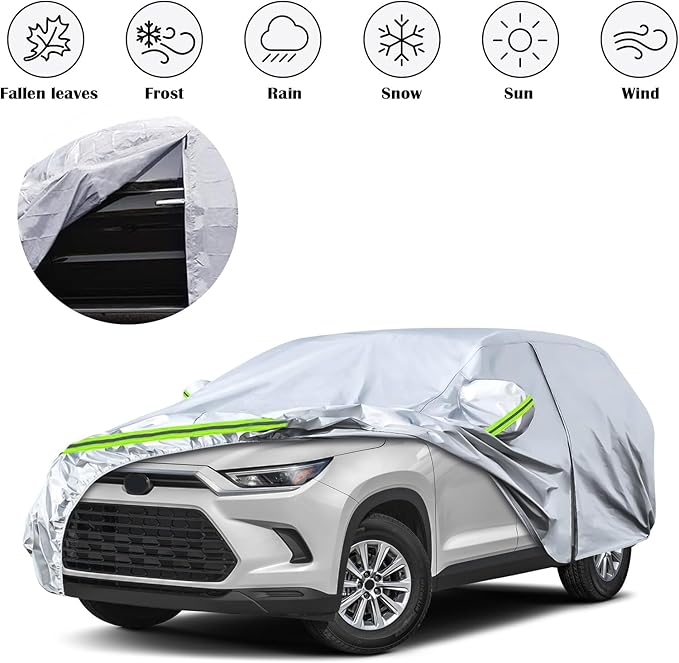 Waterproof Car Covers Replace for 2024 2025 Toyota Grand Highlander and Lexus TX350 500h, 6 Layers Silver All Weather Car Cover with Zipper Door & Windproof Bands for Snow Rain Dust Protection