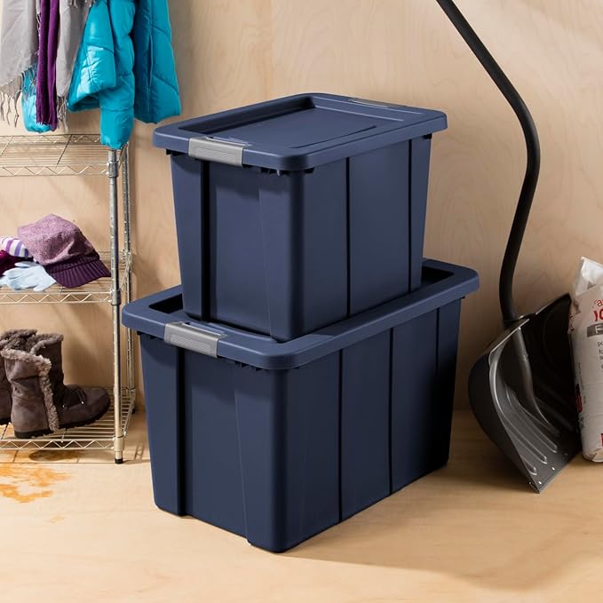 Sterilite 18 Gal Latching Tuff1 Storage Tote, Stackable Bin with Latch Lid, Plastic Container to Organize Garage, Basement, Blue Base and Lid, 6-Pack, Dark Indigo