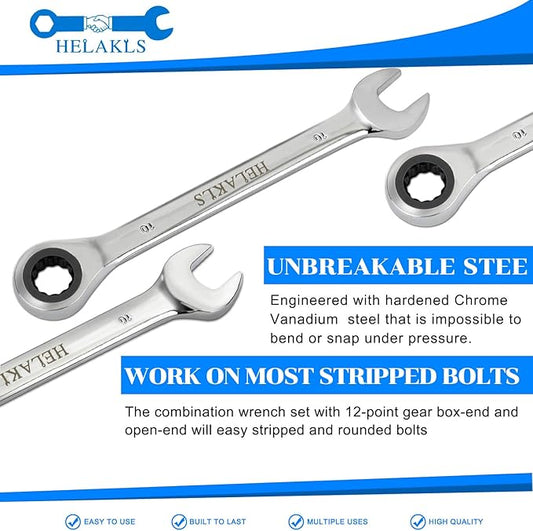 10-Piece Ratcheting Wrench Set (6-18 MM) Metric Chrome Vanadium Steel Combination Ended Gear Spanner Tool Kits With Carrying Bag