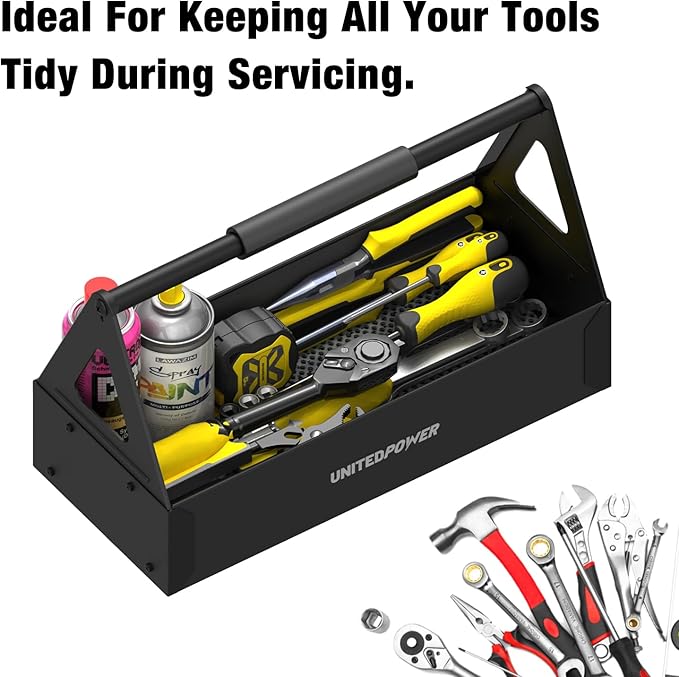 UNITEDPOWER Handy Tool Box, Portable Metal Tote Tray with comfortable grip handle, Tool Organization for Household, Warehouse, Repair Shop, Black