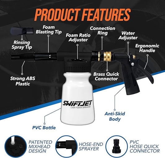 SwiftJet Car Wash Foam Gun + Microfiber Wash Mitt - Works with Any Soap - Garden Hose Car Foam Sprayer - Foam Cannon Car Wash Kit - Car Accessories Foam Blaster (Black Foam Gun with Mitt)