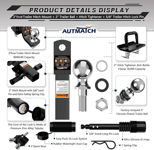 AUTMATCH Trailer Hitch Ball Mount with 2 Inch Hitch Ball - Fits 2" Receiver with Hitch Tightener, 8000Lbs Capacity Ball Hitch, 2-Inch Drop with 5/8" Hitch Lock Pin, Frosted Black