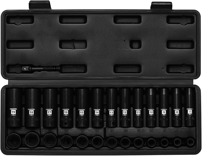 EMENTOL 3/8" Drive Impact Socket Set, 27PCS, Metric(7mm to 19mm), Deep and Shallow, 6 Point, Includes Drill Bit Adapter