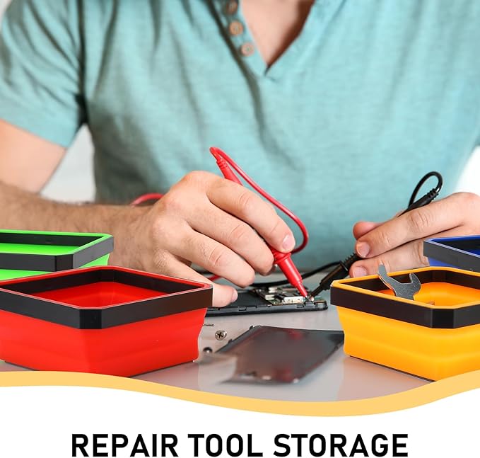 Barydat 10 Pcs Magnetic Tool Tray Collapsible Foldable Parts Trays Set Magnetic Screw Tray Magnetic Parts Bowl Square Silicone Magnetic Tool for Bolts Nuts Washers Pins Screw Parts (Classic Color)