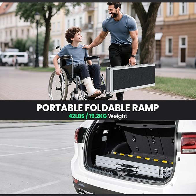 8 Feet Portable Wheelchair Ramp, 600 LBS Capacity Folding Aluminum Threshold Ramp with Anti-Slip Surface, Mobility Access Handicap Ramp for Home Steps, Doorway, Stairs, Doorways, Scooter