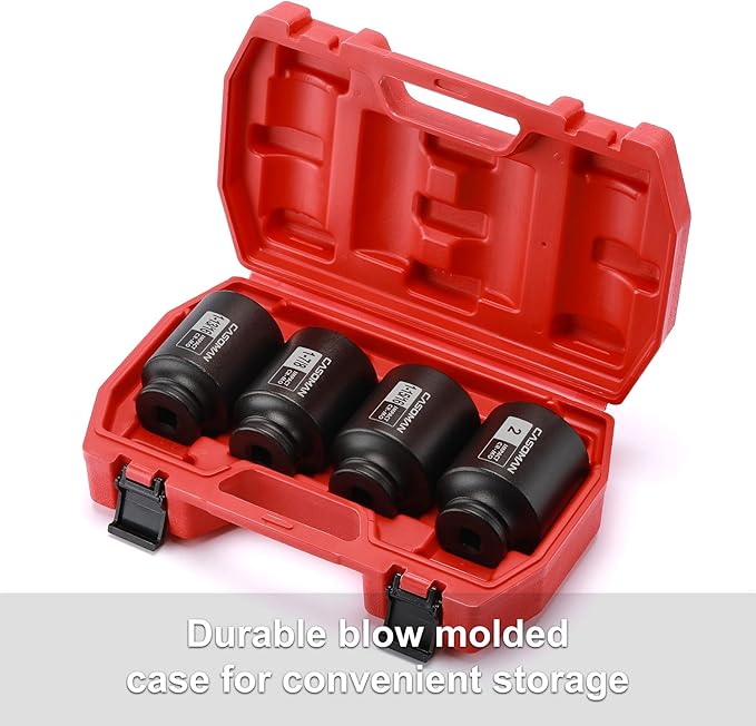 CASOMAN 4 Pieces 1/2" Dr. Deep Impact Socket Set, 1/2-Inch Drive Spindle Axle Nut Impact Socket Set, 1-13/16", 1-7/8", 1-15/16", 2", CR-MO, 6-Point, SAE
