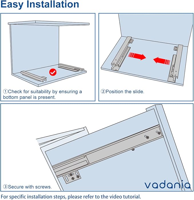 VADANIA 16" Undermount Drawer Slide, Soft Close, Bottom Mounted & Bottom Support, 88 lb Load Capacity, 3-Fold Full Extension, Invisible Drawer Slies,1 Pair(2-Pack)