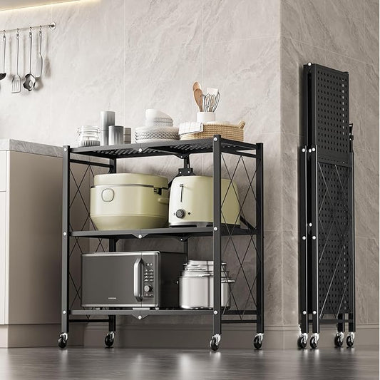 YSSOA 3-Tier Foldable Metal Rack, 27.95" D x 13.39" W x 33.85" H Storage Shelving Unit with Wheels Moving Organizer Shelves for Garage Kitchen, Black
