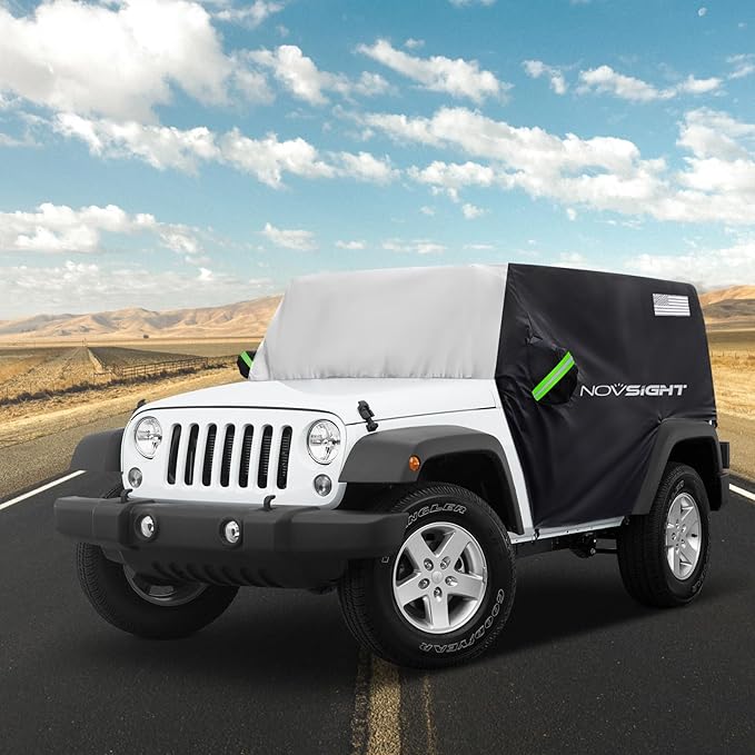 NOVSIGHT Cab Cover for Jeep Wrangler 2 Doors - 2007-2025 CJ, TJ, JK, JL, All Weather Half Car Covers for Wrangler 2 Door with 3 Straps Anti-UV Windproof Rain-Proof Auto Cover with Storage Bag