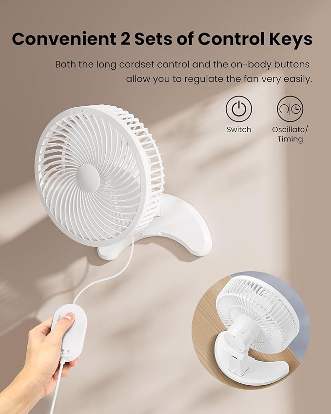 Koonie 8'' Wall Mount Fan, Quiet Small Wall Fan with Timer, 8.2ft Wired Remote, 80° Oscillation, 100° Adjustable, 3 Speeds High Velocity for RV Bedroom Kitchen Office Garage, White