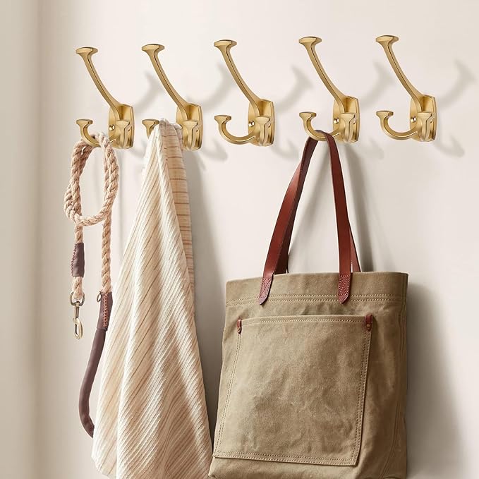 Large Wall Double-Sided Hook 5 Pack Brushed Gold Hook Decorative Heavy Duty Solid Large Coat Hooks for Towel Hanging Coats Robe Towel Bags Door Back 2 Prong Hooks