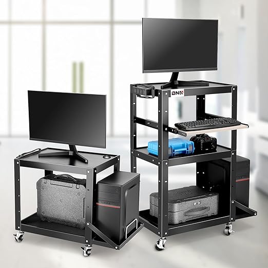 DNA Motoring Steel AV Cart 3-Layer Rolling Projector Utility Cart, 24" X 18" X 24.6"- 42.5" Height Adjustable, with Wheels, Pullout Keyboard Tray, Power Strip, Cord Management, TOOLS-00497