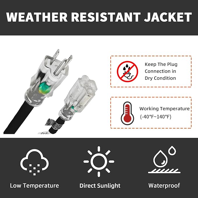 Indoor Outdoor Extension Cord Weatherproof with Lighted End, UL Listed, 10 Gauge 15FT Black 3 Prong Heavy Duty, 10/3 SJTW 15A Power Cord for Outdoor Lights, Lawn