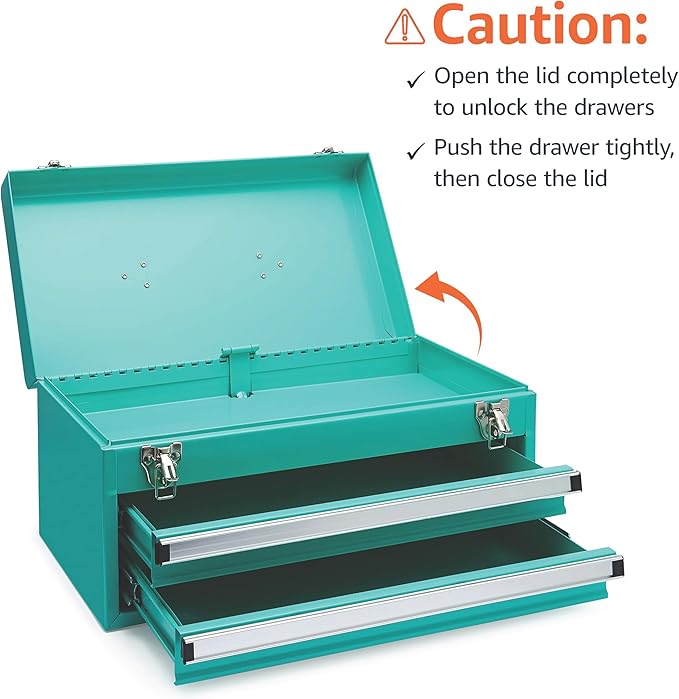 Amazon Basics Steel Tool Box Storage and Organization Drawers, Tool Storage with Powder Coat Finish, 18.11 x 8.66 x 9.45 in, Turquoise