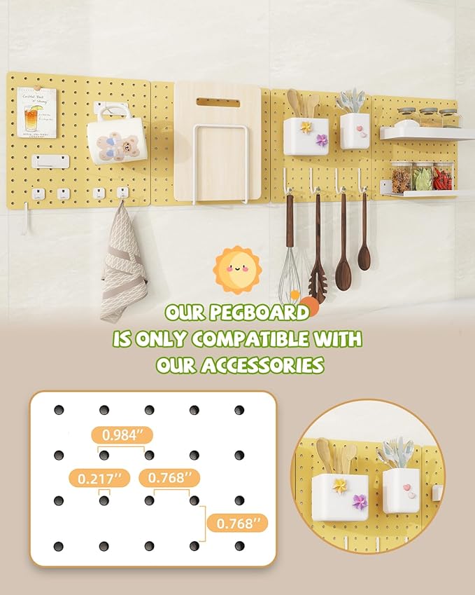 Metal Pegboard Combination Kit — 4 Carbon Steel Pegboards with 26 Accessories, Pegboard Wall Organizer for Home, Office, Study Room, Kitchen, Garage & Craft Room — 24″ × 24″ Yellow Peg Board