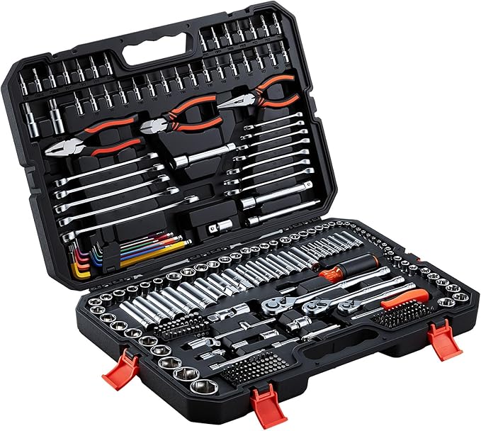 VEVOR Mechanics Tool Set, 314-Piece Mechanic Tool Kit, 1/4 in, 3/8 in, and 1/2 in Drive, Metric Socket Set, Wrenches, Screwdriver Bits, Accessories, and Storage Case, for Automotive and Home Repair