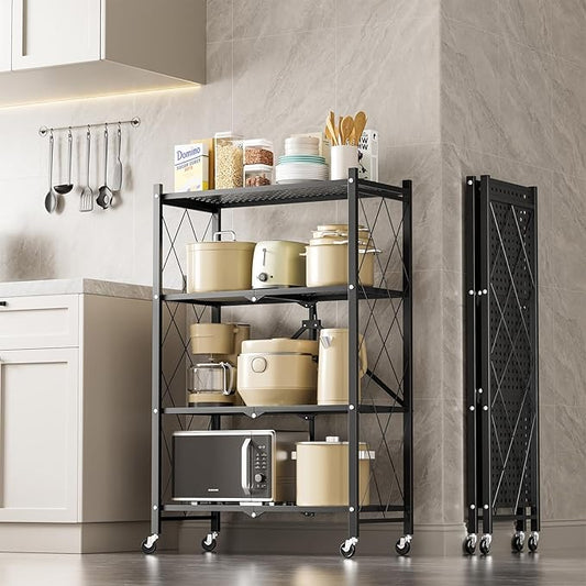 YSSOA Heavy Duty 4-Tier Foldable Metal Rack, 14.96" D x 27.95" W x 49.61" H Storage Shelving Unit 1000 lbs with Wheels Moving Easily Organizer Shelves Great for Garage Kitchen, Black