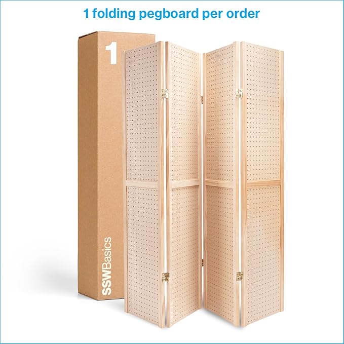 SSWBasics 5 Foot 4-Panel Folding Pegboard Stand for Crafting - Versatile Pegboard Display and Room Divider - Paint-Ready Surface for Customization - Perfect for Trade Shows, Flea Markets, and Home
