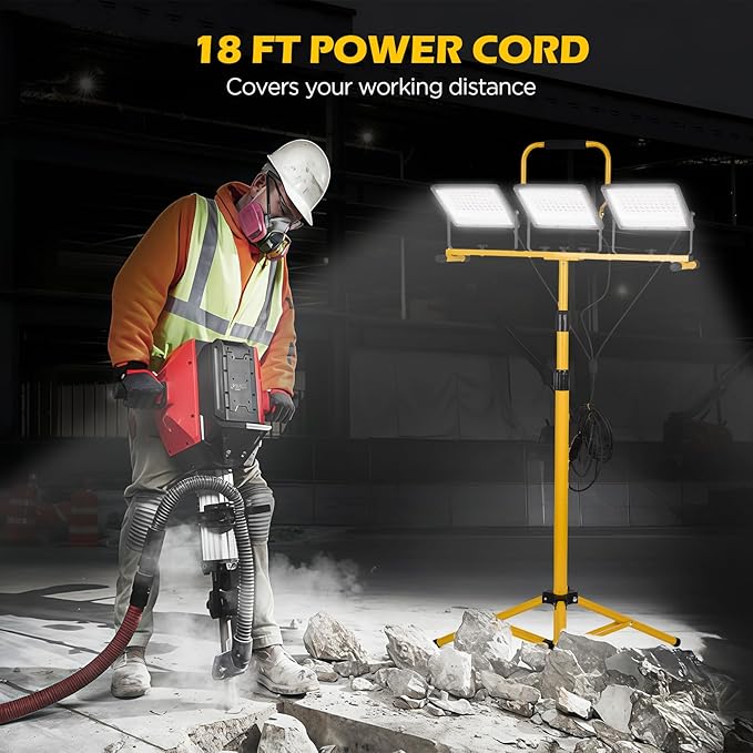 30000 Lumen LED Work Lights with Stand - 3 Adjustable Head Waterproof Foldable Tripod Light, 6500K Daylight (47-68" Height) & 18FT Cord - IP66 Rated for Construction Sites, Garage, Outdoor