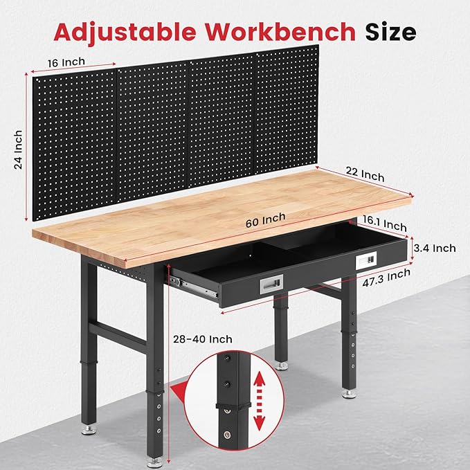 ENJOYWOOD Work Bench with Drawers Adjustable Workbenches for Garage 60 Inch Rubber Wood Top Garage Workbench with Pegboard,Power Outlets for Woodworking, Home, Office, Workshop