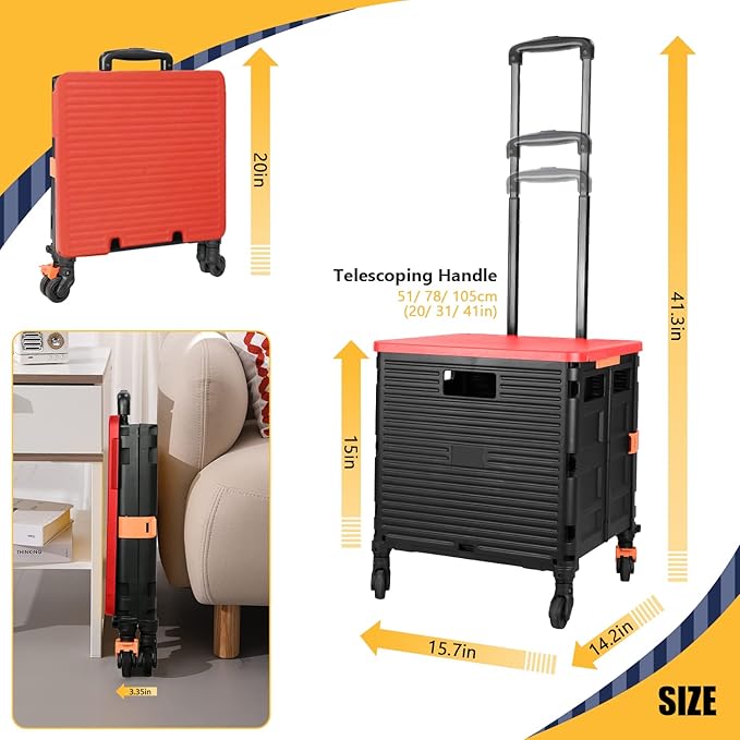 SELORSS Foldable Utility Cart Rolling Crate Handcart 110lbs Large Capacity Shopping Cart with 360°Rotate Noiseless Wheels & Telescoping Handle for Transports Groceries Office School Use(Red)