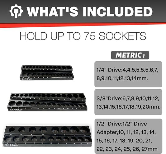 3Pcs 1/2", 1/4" and 3/8" Magnetic Socket Organizer Set,Metric Socket Holder Kit, Socket Trays,holds 75 Deep and Shallow 3/8" Sockets(sockets not included)