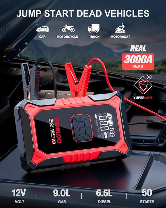 GOOLOO A3 Jump Starter with Air Compressor, 3000A Portable Car Battery Booster (9.0 Gas/6.5L Diesel) with 150PSI Auto-Shutoff Tire Inflator, 12V Supersafe Lithium Jump Box Car Battery Jumper Starter