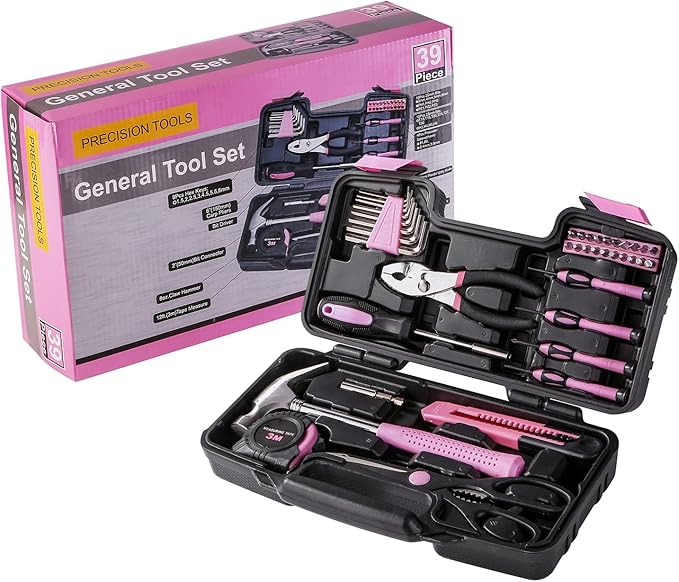 39 Piece All Purpose Basic Household Pink Tool Kit for Women - Small Tool Set with Toolbox Great for Home, Garage, Office and College Dormitory Use