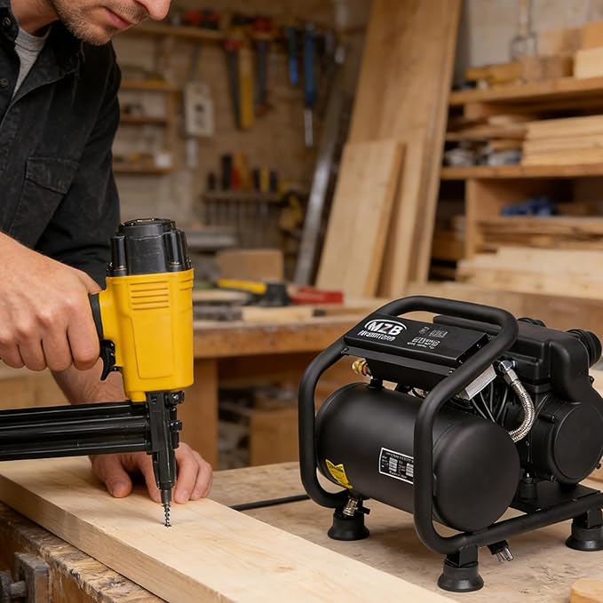 MZB 1.6 Gallon Ultra Quiet Air Compressor 110V/60Hz Steel Tanks Oil-Free 70dB Noise Level Air Compressor with Wheels for Spray Painting, Auto Repair, Carpentry Decoration