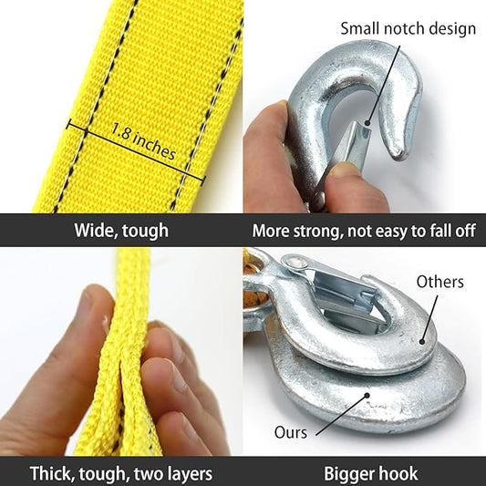 Heavy Duty Tow Strap with Safety Hooks | 2” x 16.4’ | 13200 LB Capacity, Tow Rope Yellow Shackle for Vehicle Recovery, Hauling, Stump Removal & Much More,Best Towing Accessory for Car
