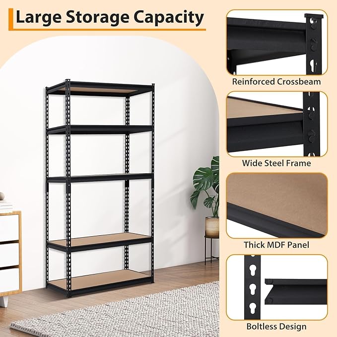 PeakPursuit Storage Shelving Unit, 5-Tier Adjustable Metal Storage Shelves, 36" L x 18" W x 72" H Heavy Duty Garage Storage Shelves for Kitchen Pantry Basement Bathroom Laundry
