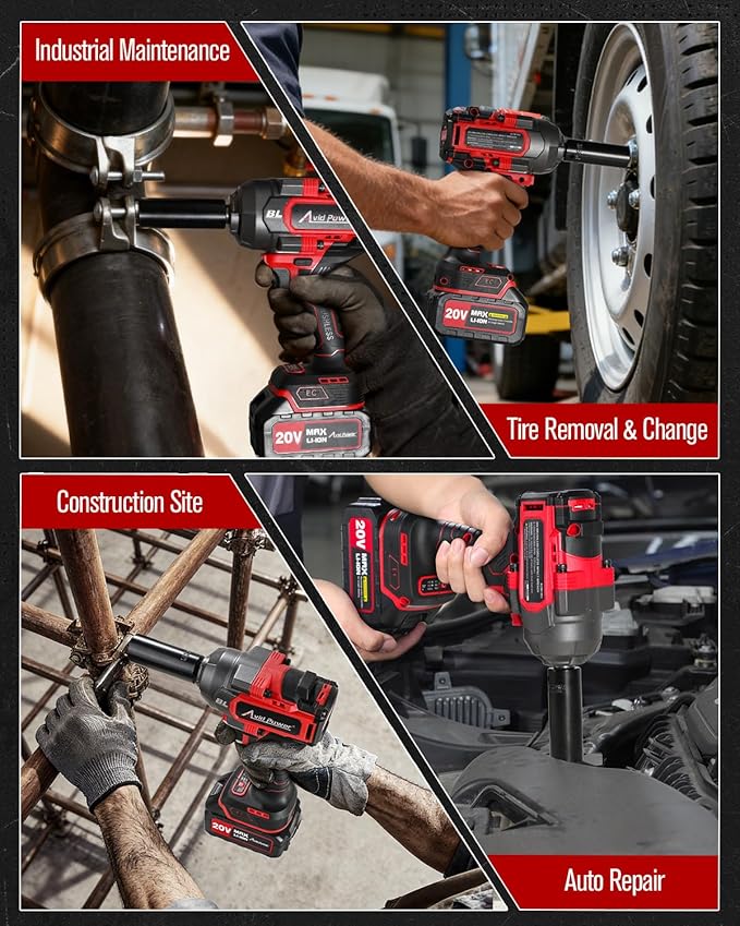 AVID POWER Cordless Impact Wrench Kit 900 Ft-lbs (1200 N.M), 2*4.0 Ah Batteries 20V Brushless High Torque Impact Gun for Car Tire Changes and Lug Nut & Bolts Removal |Fast Charger, Sockets & Tool Bag
