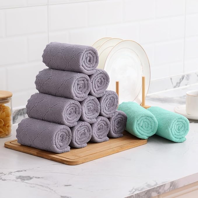 Mordimy 18 Pack Kitchen Cloths Dish Towels (10" x 10", Grey & Green), Super Soft and Absorbent Dish Cloths, Coral Velvet Microfiber Cleaning Cloth, Nonstick Oil Fast Dry Dishcloths