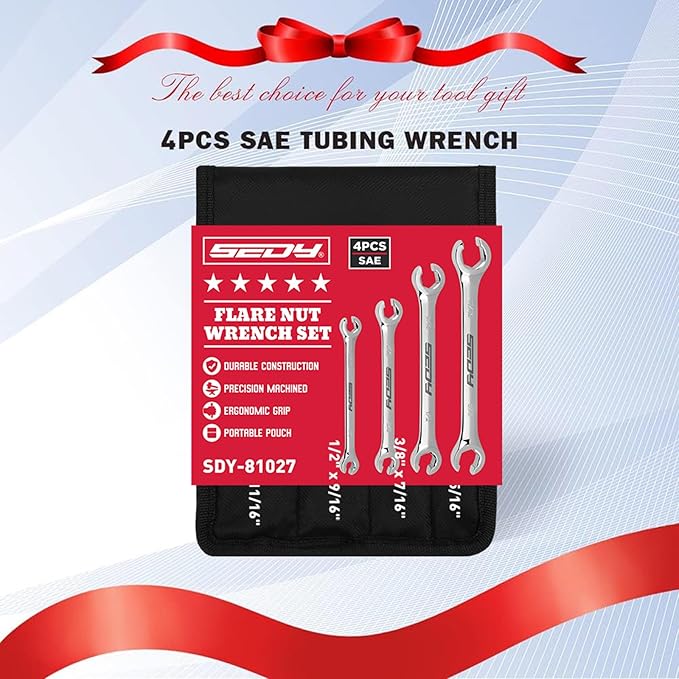 4-Piece Flare Nut Wrench Set - SAE Brake Line Wrench 1/4, 5/16, 3/8, 7/16, 1/2, 9/16, 5/8, 11/16-inch, Professional Offset Heads, Portable Organizer Pouch Included
