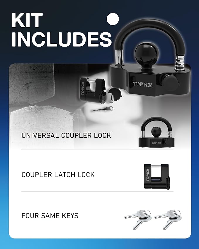 TOPICK Universal Trailer Hitch Lock Set, Includes Heavy-Duty Coupler Ball Lock & Coupler Latch Lock, Keyed Alike, Anti-Theft, All-Weather Protection for RVs, Boats, Trucks & Utility Trailers