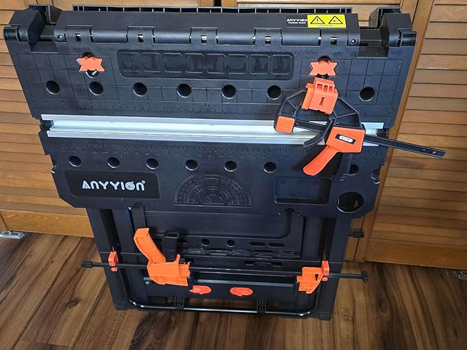 Anyyion Work Bench,2-in-1 Folding Work Table and Sawhorse, 31" W x 25" D x 28”-31" H,Easy Setup Portable Workbench, 4pcs Clamps, 2pcs Bench Dogs