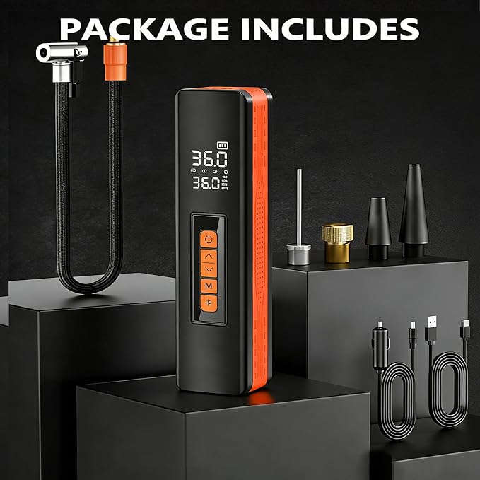 Tire Inflator Portable Air Compressor, 5X Faster 150 PSI Portable Tire Inflator for Car, Built-in Magnetic Storage, Auto Shut-Off Cordless Air Pump, LED Light for Cars, Motor, Bikes (Orange and black)